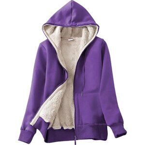 Women's Darkpurple Casual Full Zip Sherpa Lined Hoodie Sweatshirt Jacket Coat